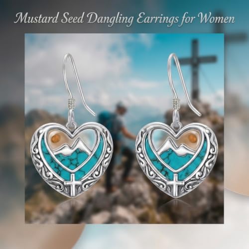 AOBOCO 925 Silver Mustard Seed Cross Heart Dangle Drop Earrings Women - color: Silver-Turquoise