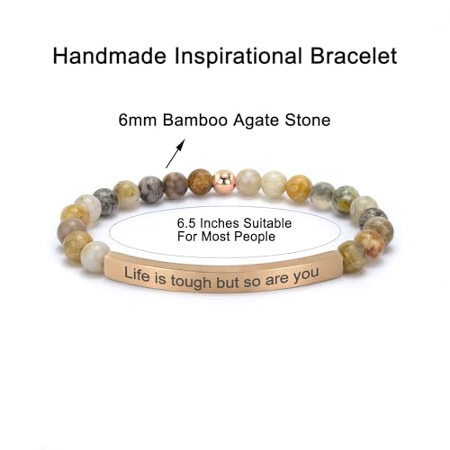 Inspirational Christian Bracelet for Women, Bamboo Leaf Agate Beaded Bible Verse Jewelry, 18K Gold Plated Religious Faith Gift, Scripture Encouragement Jewelry for Her - color: Life is tough but so are you-Bamboo Agate Rose Gold