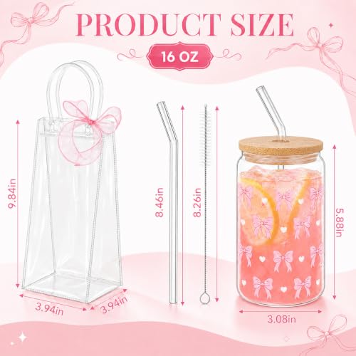 Iced Coffee Mugs, 8 Sets, Glass, 16 oz, Reusable, Pink Bow - color: Pink Bow