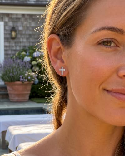 MUMREUES 14K Gold Earrings for Women Dainty CZ Cross Stud Earrings Jewelry - color: CZ Cross & Silver