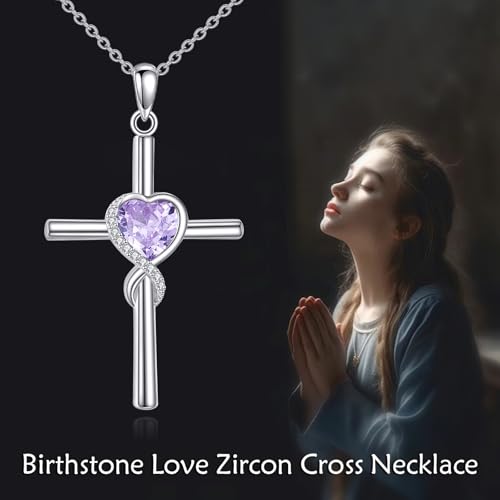 S925 Sterling Silver Cross Necklace for Women Birthstone Necklace Heart Infinity Cross Pendant Necklace Christmas Valentines Day Gifts Birthday Holiday Gifts for Her, 18"+2" Inches - color: 06-Jun Birthstone - Alexandrite