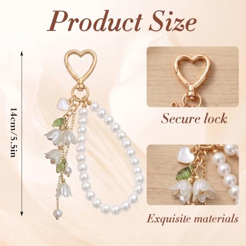 Cute Bag Charms Keychain - Pearl Keyring Wristlet Birthday Gifts - color: Green Lily of the Valley