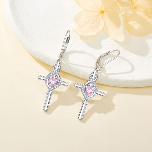 ONEFINITY Cross Earrings for Women 925 Sterling Silver Cross Birthstone Dangle Drop Earrings Infinity Cross Religious Jewelry Gifts for Women - color: 10-Oct-Created Pink Sapphire
