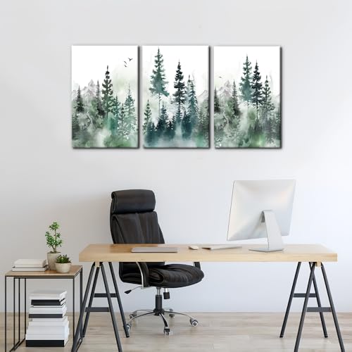Pacimo Wall Art Misty Forest Green Mountain Painting on Canvas Wall Decorations for Living Room Stretched Framed Landscape Canvas Paintings 3 Piece Bedroom Wall Decor Office Home Decor - 16"x24"x3 - color: Wallart-04, size: 16"x24"x3 Panels