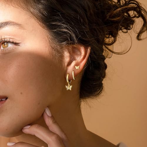 14K Gold Planted Seashell Starfish Stud dangle Earrings for Women, Summer Beach Hoop Earrings for Multiple Piercing Cartilage, Dainty Trendy Dangling Earring 3 Pairs Set Vacation Ocean Outfits Accessories Jewelry - color: Butterfly-Gold
