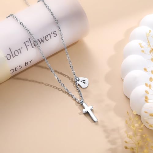 Tiny Cross Necklace for Kids Girls, Initial A-Z , Birthstone Cross Gifts - color: Silver, style: E