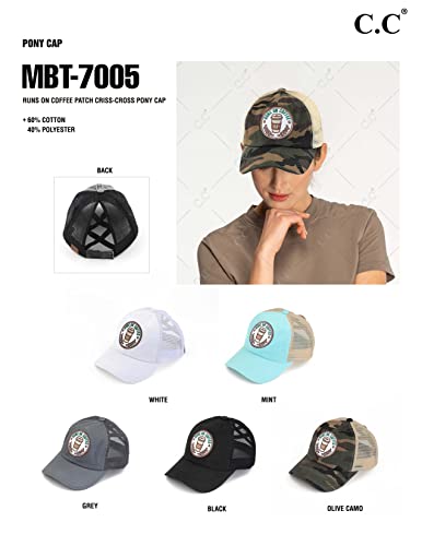C.C Ponycap Messy High Bun Ponytail Adjustable Mesh Trucker Baseball Cap Hat - color: Criss Cross Patch Coffee, Olive Camo