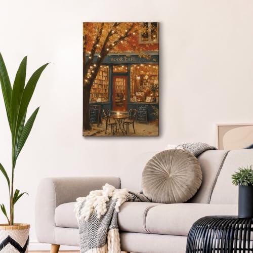 HIWX Cozy Fall Autumn Bookstore Wall Art Decor Framed Canvas Painting 16x24 - color: bookstore, size: 24"L x 16"W