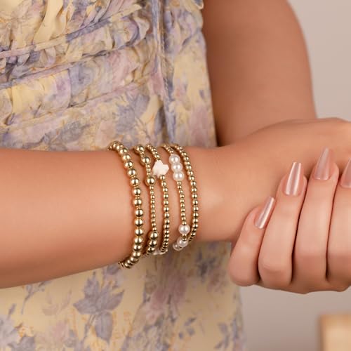 Gold Beaded Pearl Cross Bracelets Stackable Christian Stretch Jewelry Set - color: White