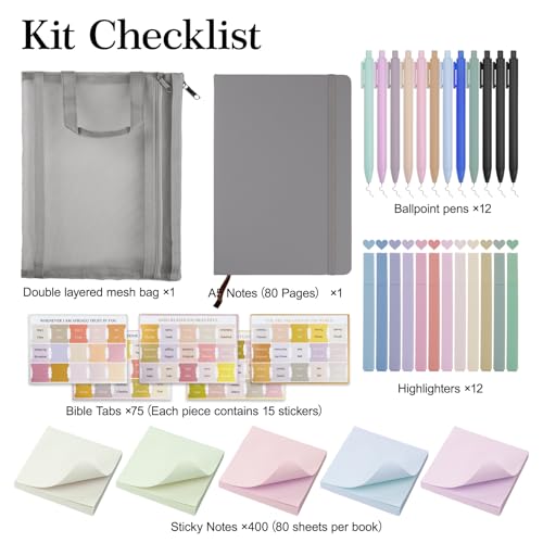 Bible Study Supplies,Bible Journaling Kit,Bible Study Kit with Journal,12 No Bleed Highlighters,12 Gel Pens,75 Tabs, 400 Sticky Notes,Christian Gifts for Women Men (Grey) - color: Grey