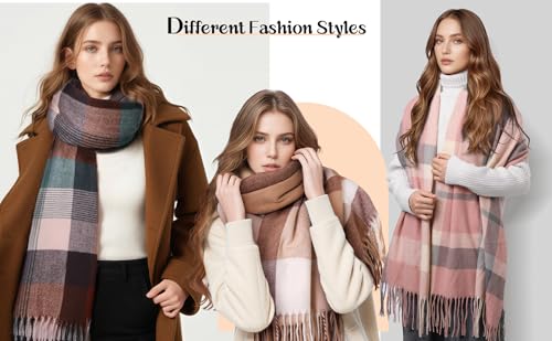 Clothirily Womens Winter Scarf, Oversized Long Blanket Plaid Shawl Wrap - color: Pink Grey Lattice