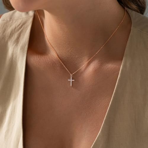 Tewiky Cross Necklace for Women Gold Cross Pendant Cute Necklaces - color: Rose gold CZ Cross