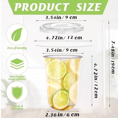 16oz Disposable Stemless Glasses with Flat Lids and Straws,PET Disposable Drinking Cups,Clear Plastic Wine Glasses for Parties Birthday,Wedding,Meeting,Christmas Party Supplies. (100, Transparent) - color: Transparent