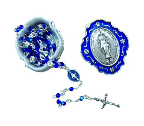 Catholic Silver Linked Rosary Set – 3mm Beads, 14.25" Length, Metal Keepsake Gift Box with Enamel Inlay – Perfect First Communion Gift (Lady of Mira-culous) - color: Lady of Mira-culous