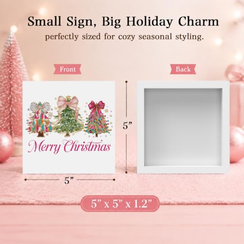 Pink Christmas Decor, Christmas Decorations Indoor, Glitter Bow Xmas Tree Snowflake Merry Sign Gift for Women Friends, Rustic Wooden Box Sign for Home Office Bedroom Desk Decor 5x5 Inches - color: Merry Christmas-6