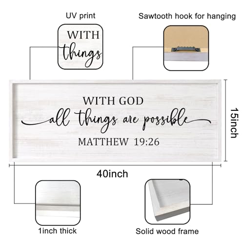 With God All Things are Possible Framed Wall Art, 40''×15'' Vintage Holy Religious Rustic Bible Verse for Christian God Jesus Christ Prayer, Positive Horizontal Inspirational Catholic Scripture Decor - color: White Frame, style: With God All Things are Po