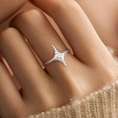 Star Rings for Women 925 Sterling Silver Cross Ring 14K Gold Plated Minimalist Trendy Pinky Ring Stackble Open Rings Friendship Rings Birthday Mothers Day Jewelry Gifts - color: Silver