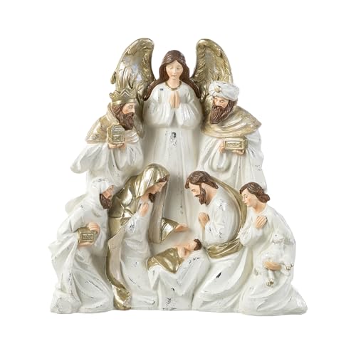 Glitzhome Nativity Figurines Set Indoor Christmas 13" H, Gold Ivory White Holy Family Wise Mens Shepherd Angel Sets & Figures, Hand Painted Nativity Tabletop Scenes Xmas Figurines for Home Decor - color: Ivory/Gold-1