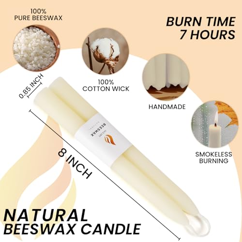 10-Pack 8" Cream White Pure Beeswax Taper Candles, Holiday & Home Decor - color: White, size: 8“