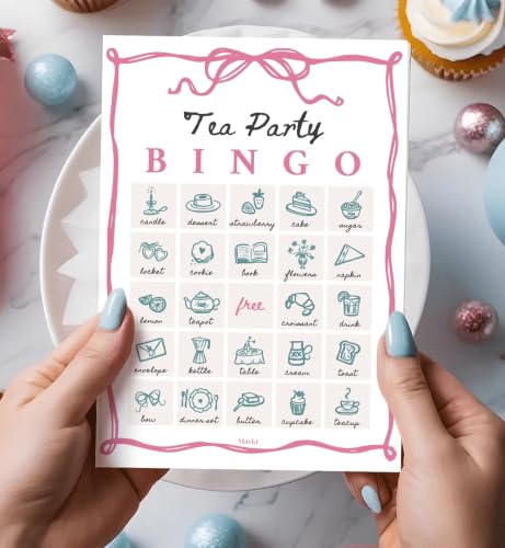 Markt Tea Party Games for Women - 20 Unique Cards - Tea Party Bingo Game Supplies for Adults - Decorations & Favors for Birthday, Bridal Shower, Baby Shower & Mother's Day - color: Tea Party Bingo – Classic