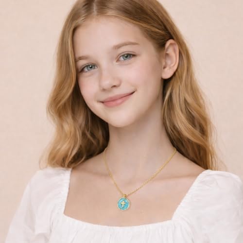 Gold Enamel Mini Cross Necklace Tiny Mother of Pearl Cross Necklace Religious Christian Gift for Baptism First Communion Christmas - color: bless this girl cross necklace-blue