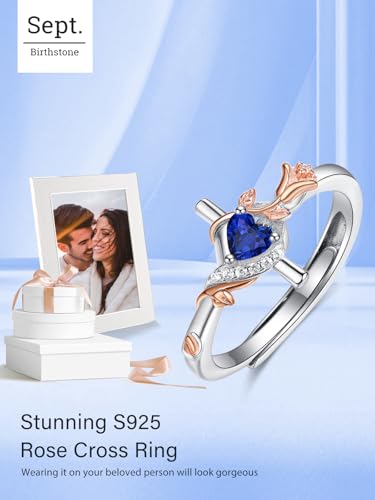 Birthday Gifts Birthstone Rings for Women 925 Sterling Silver Birthstone Rings Anchor/Tree of Life/Snake/Rose Cross Faith Religous Jewelry Gift for Wife Mom Grandma - color: 09-Sapphire (C), style: Rose Cross