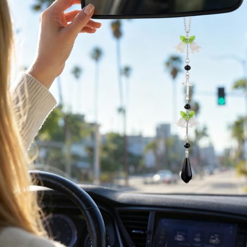 Black Flower Cross Car Rearview Mirror Charm Lily of Valley - color: Black - Flower