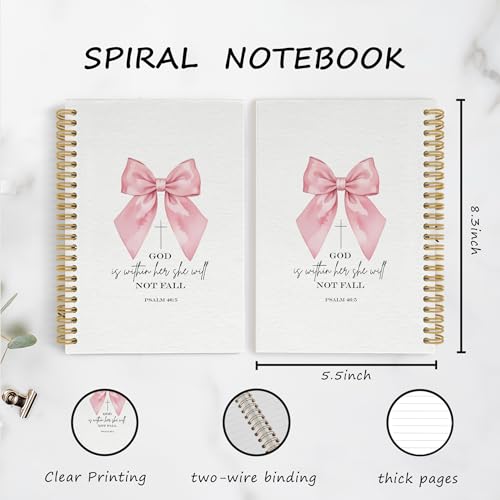 Coquette Pink Bow Christian Spiral Notebook Journal, God Is Within Her She Will Not Fall Bible Notebook, Girly Office Supplies, Preppy Pink Scripture Hardcover Spiral Journal 5.5x8.3 Inches - color: Bow