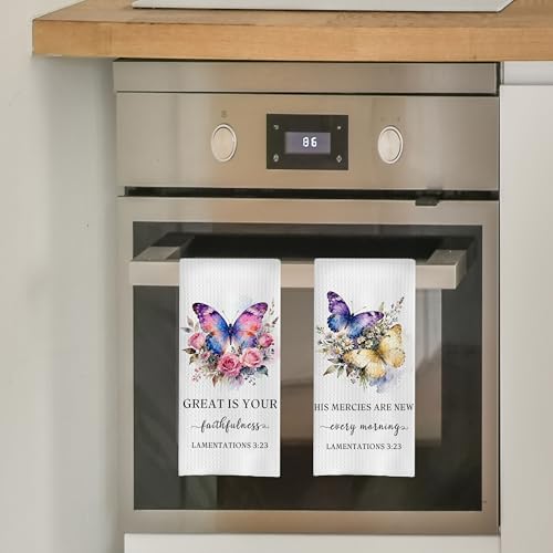 Butterfly Christian Kitchen Decor Set - Floral Christian Gifts Polyester Waffle Decorative Dish Towels, Bible Verse Gifts Hand Towels, Religious Tea Towel, 16x24 Set of 2 - color: Christian Kitchen Towels-11