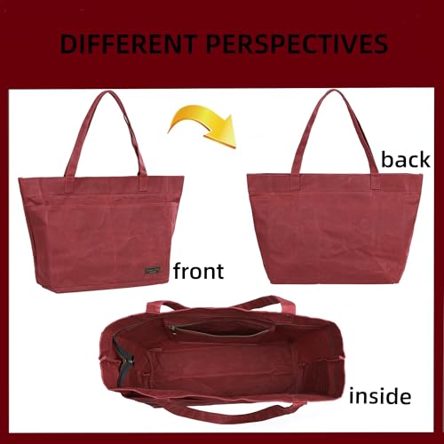 Heavy-Duty 16 oz. Waxed Canvas Zipper Tool Bag with Pockets and Carry Handle - Suitable for Groceries and General - color: Red