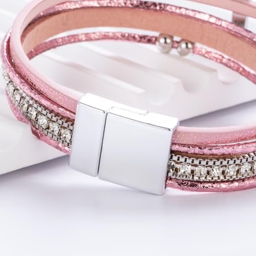 Christian Cross Leather Bracelets Boho Western Blessing Religious Jewelry - color: Pink