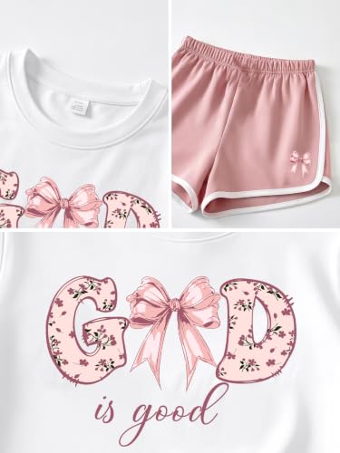 Eatbook Christian Girls Clothes 2 Pcs God is Good T-Shirt Bow Shorts Set - color: White, size: 9-10 Years