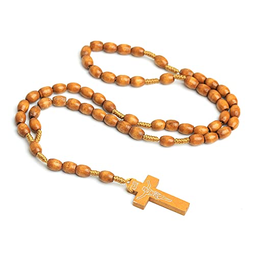 COLORFUL BLING Natural Wooden Catholic Rosaries Wood Crucifix Prayer Beads Pendant Necklace Prayer Jesus Religious Cross Rosary Necklace Handmade Jewelry - color: oval simple light