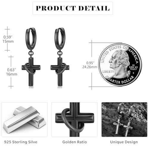 Cross Earrings 925 Sterling Silver Cross Dangle Earrings Christianity Jewelry Gift for Men Women - style: Ring Cross-Black