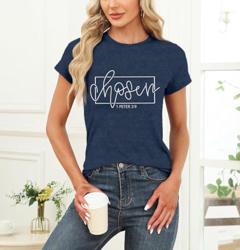 Women's Christian Shirt Christ Chosen T-Shirts Bible Verse Tee Tops - color: Blue, size: Large