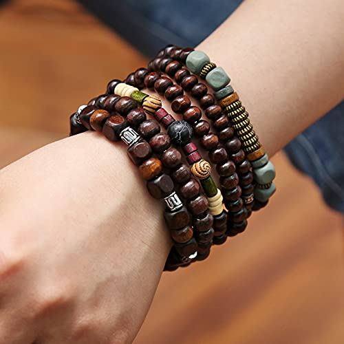 HZMAN Handmade Hemp Cords Wood Beads Leather Bracelets for Men Women - style: Skull