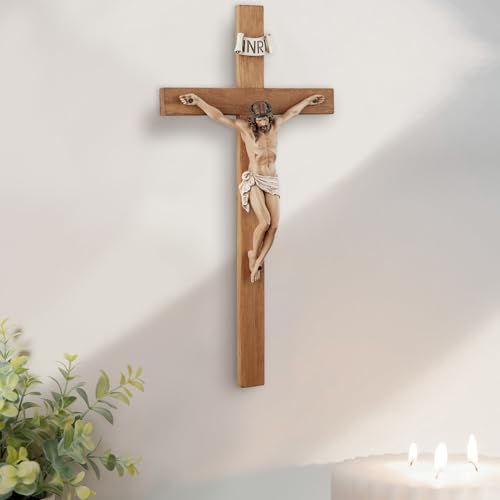 Crucifix Wall Cross - 14 Inch Olive Wood Wall Crucifix, Hand Painted Resin Jesus on Wooden Crucifix Catholic Home Decor Housewarming Religious Gifts - color: Wood/Realistic