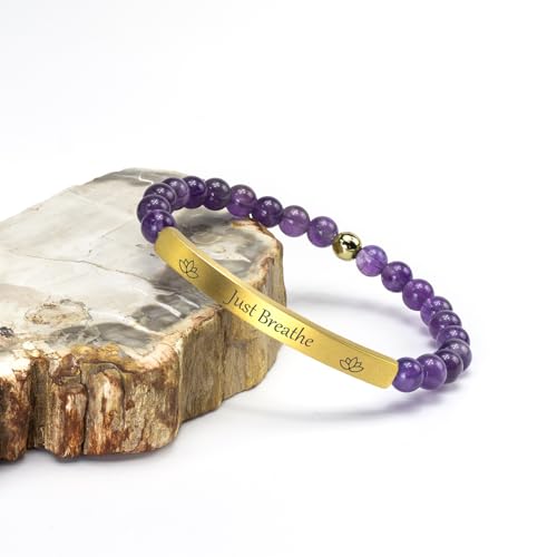 Amethyst Christian Bracelet for Women, 18K Gold Plated Bible Verse Jewelry, Inspirational Religious Faith Gift, Scripture Jewelry for Encouragement & Strength - color: Just Breathe-Amethyst Gold
