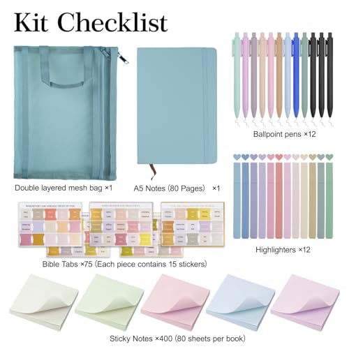 Bible Study Supplies,Bible Journaling Kit,Bible Study Kit with Journal,12 No Bleed Highlighters,12 Gel Pens,75Tabs, 400 Sticky Notes,Christian Gifts for Women Men (Blue) - color: Blue