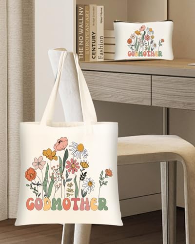 DHQH Godmother Proposal Gifts for Women, Will You be My Godmother Canvas Tote Bag with Makeup Bag, Unique Birthday Christmas Gifts from Godchild - style: Godmother-tote Bag