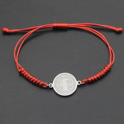 925 Sterling Silver San Benito Bracelet For Women And Men, Catholic Multicolor Bracelet St. Benedict Medal Hand Knitted Knot Coin Beaded Adjustable Religious Prayer Faith - color: Red Silver - San Benito Bracelet
