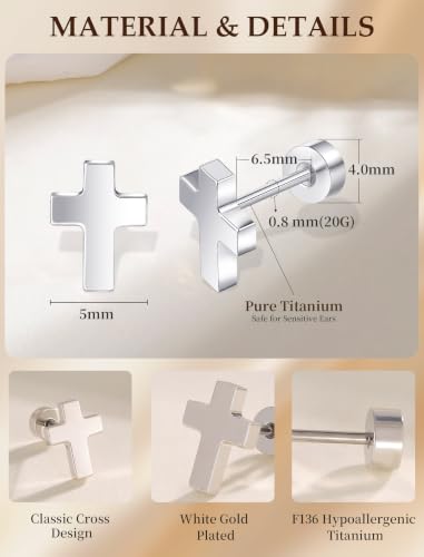 Limerencia Titanium Stud Earrings, Cross Earrings for Sensitive Ears - color: Silver +Screw Back