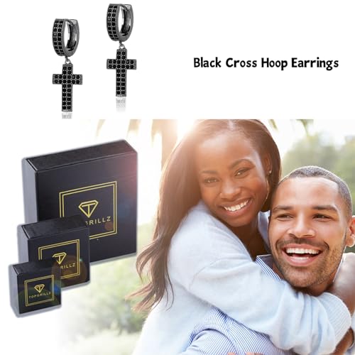 TOPGRILLZ Cross Hoop Dangle Earrings 925 Sterling Silver 5A+ Cubic Zirconia 14K Gold Hypoallergenic Cross Hoop Cuff Huggie Drop Earrings For Men Women - color: Black Cross Hoop