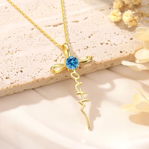 Gold Birthstone Faith Cross Infinity Necklace 14K Gold Religious Cross Pendant Necklaces with Birthstone Jewelry Christian Faith Mothers Day Gifts for Mom Wife Daughter - style: Gold-12