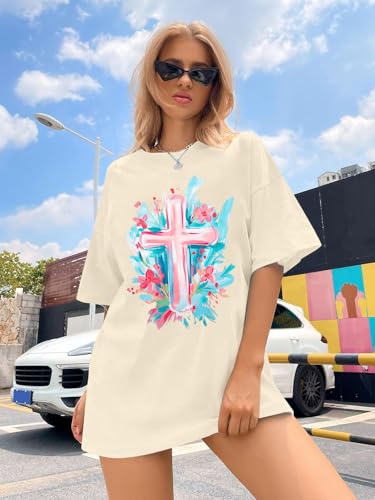Make Heaven Crowded T-Shirt Women Oversized Christian Shirt Graphic Tee - color: Apricot-a, size: Large