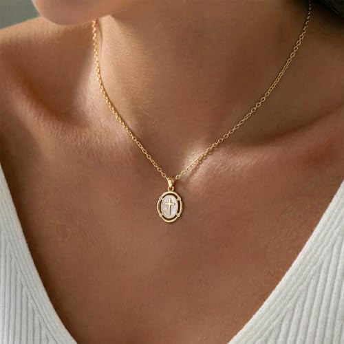 Bheop Cross Necklace for Women, 14K Gold Silver Enamel Pendant Necklace - color: Gold
