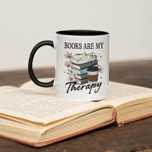 Book Lover Gifts - Books Are My Therapy Mugs with Black Handle, Bookish Coffee Mug with Stacked Book Design, Birthday, Christmas Gift for Books Lovers Women, Bookworm Mugs for Readers - color: Book with Black Handle