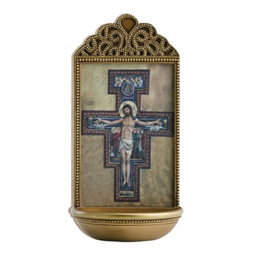 Christian Brands Catholic Holy Water Fount Home Entry Wall or Tabletop Display, 6", San Damiano Crucifix - color: San Damiano