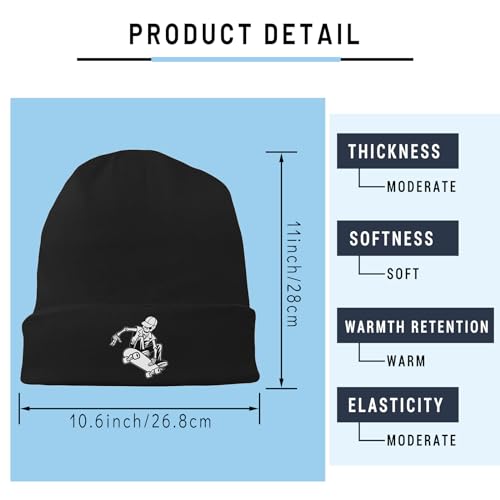 Black Flexible Classic Adult Beanie Cap for Men Women - Warm Knitted Hat for Winter, Chemo Cap Headwear - color: Skull Skateboard