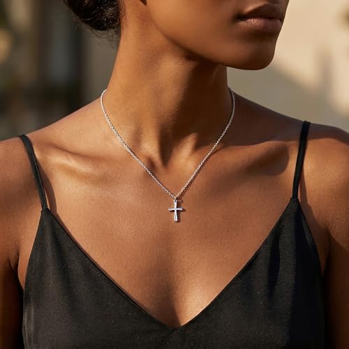 925 Sterling Silver Cross Necklace for Women, Dainty Silver Non Tarnish Waterproof Cross Pendant Simple Necklaces for Women Christian Baptism Religious Faith Jewelry Gifts 16-22 Inches Chain